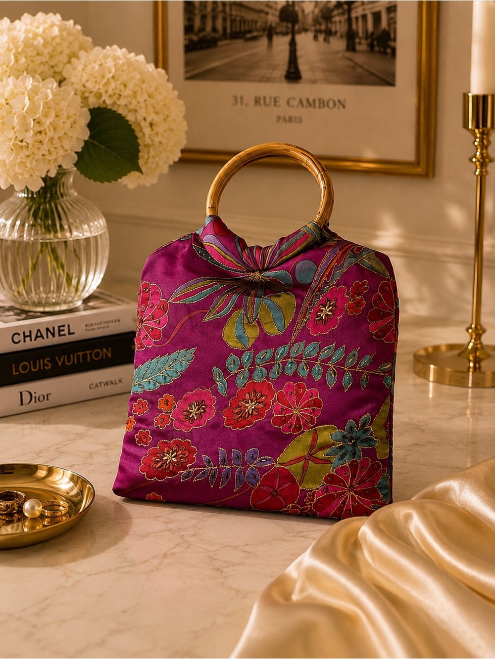 Vibrant Floral Embroidered Satin Handbag Bamboo Handle Boho Art Purse
